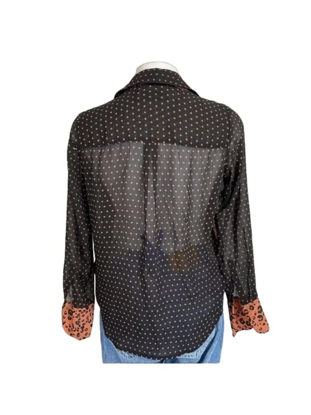 Scotch & Soda Maison Scotch Black Sheer Star Print Blouse With Leopard Print Acc - Picture 10 of 12